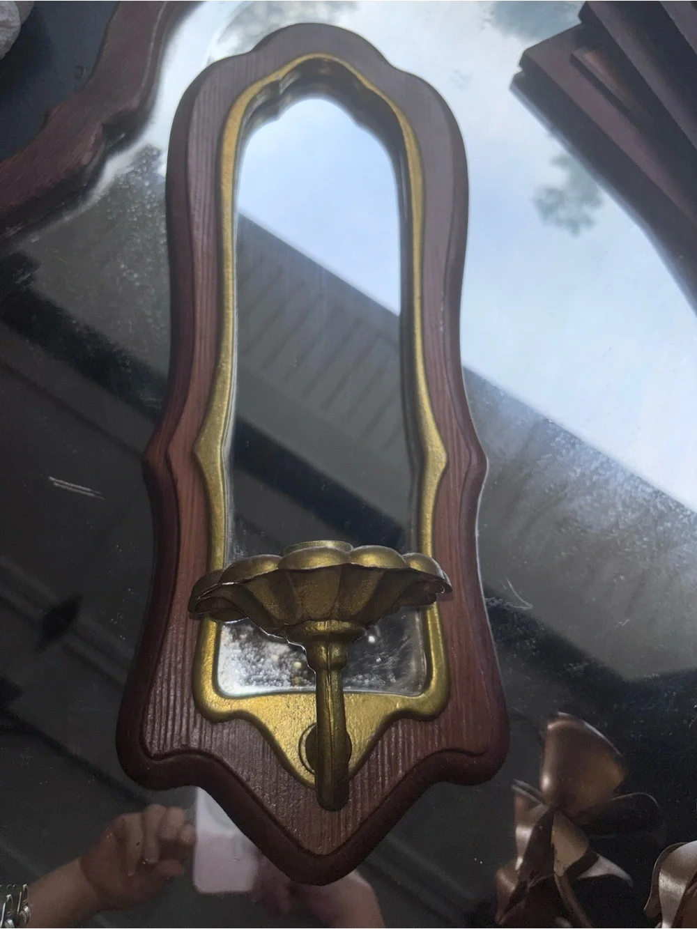Wood and Brass Wall Mirror Sconce - Brown and Gold